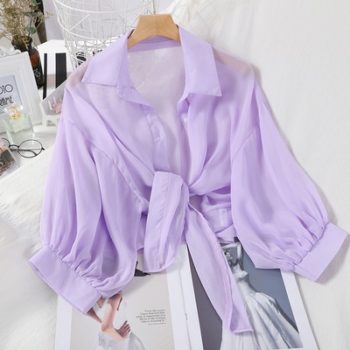 HELIAR Chiffon Shirts Women Half Sleeve Buttoned Up Shirt Loose Casual Blouse Tied Waist Elegant Blouses For Women
