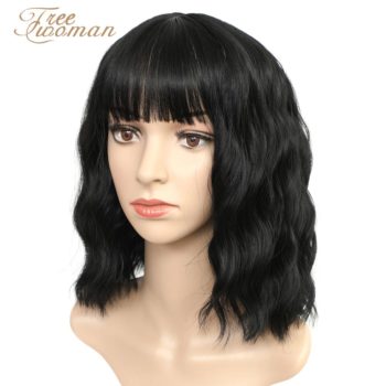 FREEWOMAN Green Synthetic Wig Lolita Short Bob Wig With Bangs Cosplay Water Wave Synthetic Hair Wigs For Women American Style