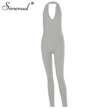 Simenual Solid Bodycon Halter Women Long Jumpsuits Skinny Backless Sleeveless Workout Overalls Sportswear Fashion Basic Jumpsuit - Image 7