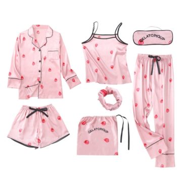 JULY'S SONG Pink Women's 7 Pieces Pajamas Sets Emulation Silk Striped Pyjama Women Sleepwear Sets Spring Homewear