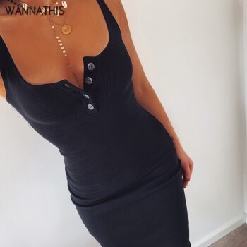 WannaThis Knee-Length Dress Knitted Elastic Sleeveless Bodycon elegant Women Summer V-Neck Button Party Slim Dresses