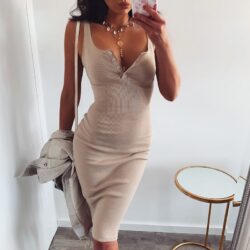 WannaThis Knee-Length Dress Knitted Elastic Sleeveless Bodycon elegant Women Summer V-Neck Button Party Slim Dresses