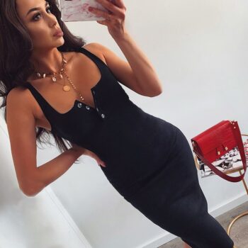 WannaThis Knee-Length Dress Knitted Elastic Sleeveless Bodycon elegant Women Summer V-Neck Button Party Slim Dresses