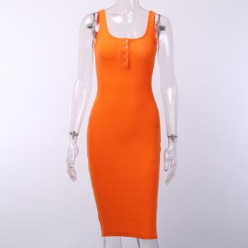 WannaThis Knee-Length Dress Knitted Elastic Sleeveless Bodycon elegant Women Summer V-Neck Button Party Slim Dresses