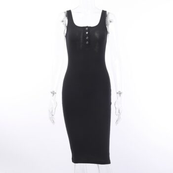 WannaThis Knee-Length Dress Knitted Elastic Sleeveless Bodycon elegant Women Summer V-Neck Button Party Slim Dresses