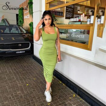 Simenual Ruched Solid Bodycon Party Dresses Women Fashion Sleeveless Skinny Clubwear Basic Hot Midi Dress Slim Female