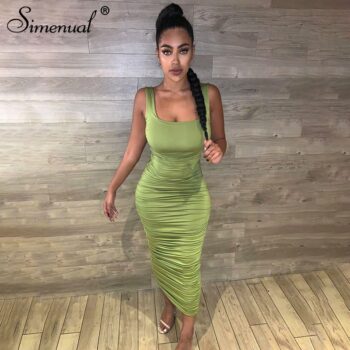 Simenual Ruched Solid Bodycon Party Dresses Women Fashion Sleeveless Skinny Clubwear Basic Hot Midi Dress Slim Female