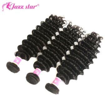 Brazilian Deep Wave Bundles With Closure Non-Remy Human Hair 3 and 4 Bundles With Lace Closure Queen Mary Human Hair Extensions Middle Part