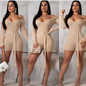 Bodycon Women Playsuit Festival Clothes Autumn Long Sleeve Belted Streetwear One Piece Outfits Club Party Jumpsuits