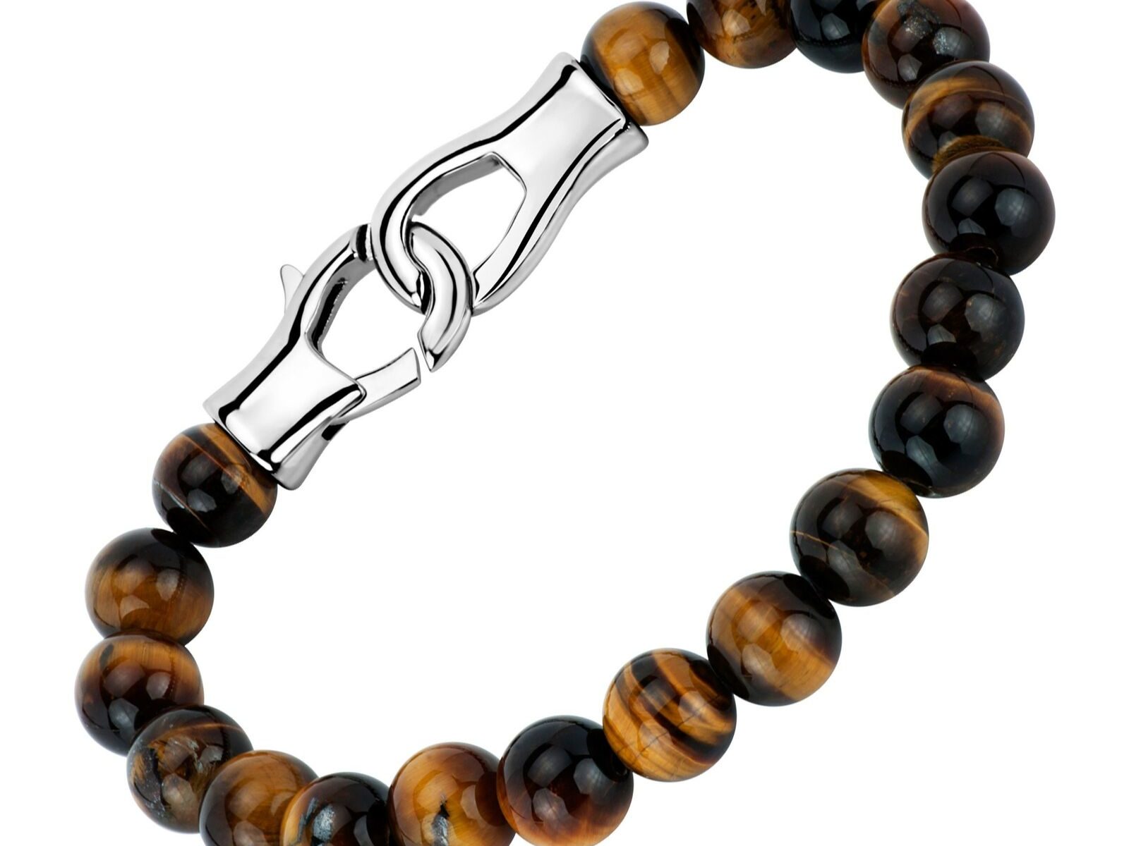 Men's 10 mm Natural Tiger's Eye Bracelet in Stainless Steel, 8"