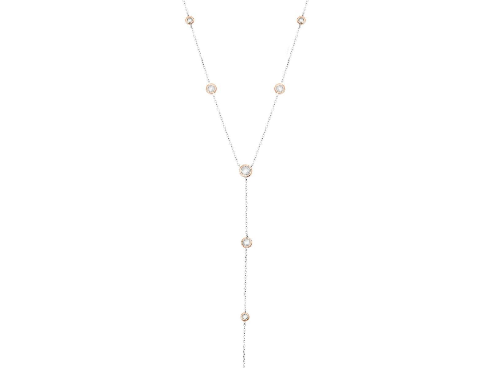 Two-Tone Lariat Necklace with CZ in Sterling Silver & Rose Gold Plating, 18"