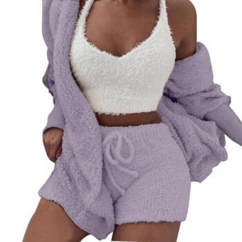 Plush Tracksuit Women 3 Pieces Set Sweatshirts Sweatpants Sweatsuit Jacket Crop Top Shorts Suit Sports Suit Jogging Femme 2020 new