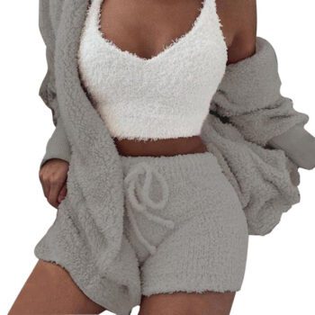 Plush Tracksuit Women 3 Pieces Set Sweatshirts Sweatpants Sweatsuit Jacket Crop Top Shorts Suit Sports Suit Jogging Femme 2020 new