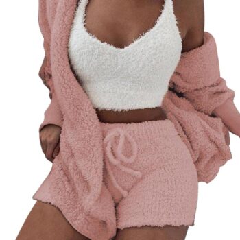 Plush Tracksuit Women 3 Pieces Set Sweatshirts Sweatpants Sweatsuit Jacket Crop Top Shorts Suit Sports Suit Jogging Femme 2020 new