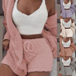 Plush Tracksuit Women 3 Pieces Set Sweatshirts Sweatpants Sweatsuit Jacket Crop Top Shorts Suit Sports Suit Jogging Femme 2020 new