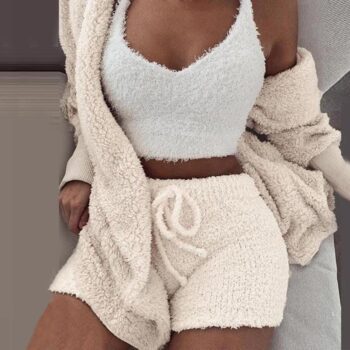 Plush Tracksuit Women 3 Pieces Set Sweatshirts Sweatpants Sweatsuit Jacket Crop Top Shorts Suit Sports Suit Jogging Femme 2020 new