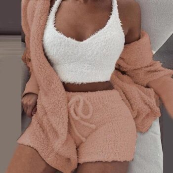 Plush Tracksuit Women 3 Pieces Set Sweatshirts Sweatpants Sweatsuit Jacket Crop Top Shorts Suit Sports Suit Jogging Femme 2020 new