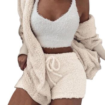 Plush Tracksuit Women 3 Pieces Set Sweatshirts Sweatpants Sweatsuit Jacket Crop Top Shorts Suit Sports Suit Jogging Femme 2020 new