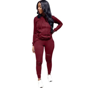 Women Hole Pants Set Long Sleeve Sportswear Jacket Tracksuit Hoodie Legging 2 Piece Set Sports Suit Outerwear Tights fashion