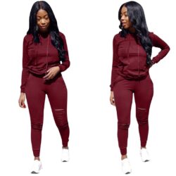 Women Hole Pants Set Long Sleeve Sportswear Jacket Tracksuit Hoodie Legging 2 Piece Set Sports Suit Outerwear Tights fashion