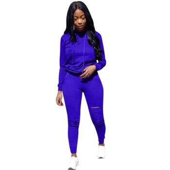 Women Hole Pants Set Long Sleeve Sportswear Jacket Tracksuit Hoodie Legging 2 Piece Set Sports Suit Outerwear Tights fashion