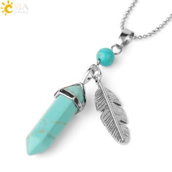 CSJA Natural Stone Pendant Necklaces Healing Pointed Reiki Pink Quartz Hexagonal Crystal Pillar Feather Charm Jewelry Women G576