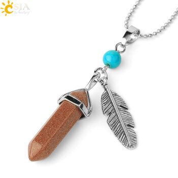 CSJA Natural Stone Pendant Necklaces Healing Pointed Reiki Pink Quartz Hexagonal Crystal Pillar Feather Charm Jewelry Women G576