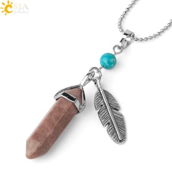 CSJA Natural Stone Pendant Necklaces Healing Pointed Reiki Pink Quartz Hexagonal Crystal Pillar Feather Charm Jewelry Women G576