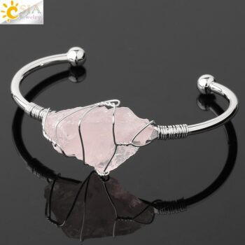 CSJA Natural Stone Bangle Gold-color Wire Wrap Irregular Crystal Quartz Cuff Copper Bracelets for Women Girls Kids Jewelry G327