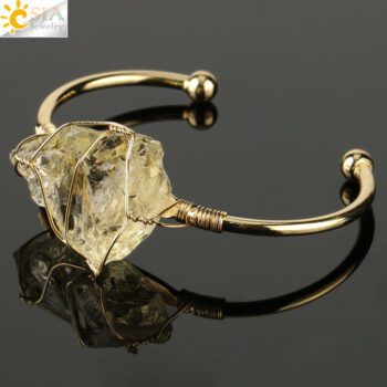CSJA Natural Stone Bangle Gold-color Wire Wrap Irregular Crystal Quartz Cuff Copper Bracelets for Women Girls Kids Jewelry G327