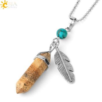 CSJA Natural Stone Pendant Necklaces Healing Pointed Reiki Pink Quartz Hexagonal Crystal Pillar Feather Charm Jewelry Women G576