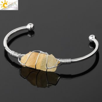 CSJA Natural Stone Bangle Gold-color Wire Wrap Irregular Crystal Quartz Cuff Copper Bracelets for Women Girls Kids Jewelry G327