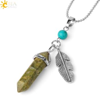 CSJA Natural Stone Pendant Necklaces Healing Pointed Reiki Pink Quartz Hexagonal Crystal Pillar Feather Charm Jewelry Women G576