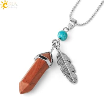 CSJA Natural Stone Pendant Necklaces Healing Pointed Reiki Pink Quartz Hexagonal Crystal Pillar Feather Charm Jewelry Women G576