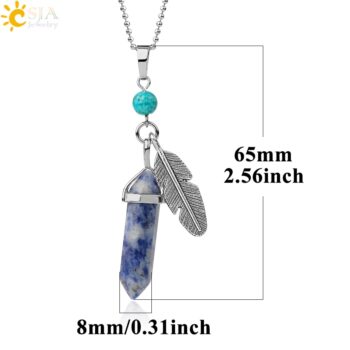 CSJA Natural Stone Pendant Necklaces Healing Pointed Reiki Pink Quartz Hexagonal Crystal Pillar Feather Charm Jewelry Women G576