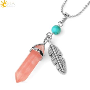 CSJA Natural Stone Pendant Necklaces Healing Pointed Reiki Pink Quartz Hexagonal Crystal Pillar Feather Charm Jewelry Women G576