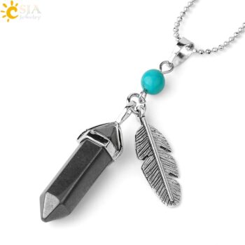 CSJA Natural Stone Pendant Necklaces Healing Pointed Reiki Pink Quartz Hexagonal Crystal Pillar Feather Charm Jewelry Women G576