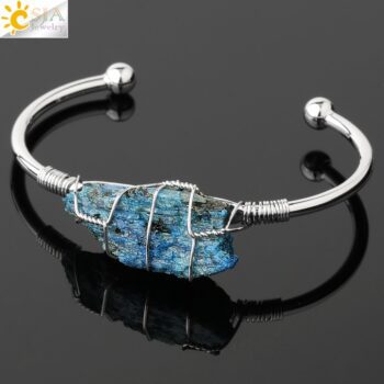 CSJA Natural Stone Bangle Gold-color Wire Wrap Irregular Crystal Quartz Cuff Copper Bracelets for Women Girls Kids Jewelry G327