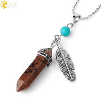 CSJA Natural Stone Pendant Necklaces Healing Pointed Reiki Pink Quartz Hexagonal Crystal Pillar Feather Charm Jewelry Women G576