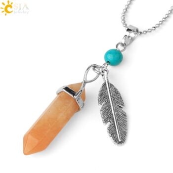 CSJA Natural Stone Pendant Necklaces Healing Pointed Reiki Pink Quartz Hexagonal Crystal Pillar Feather Charm Jewelry Women G576