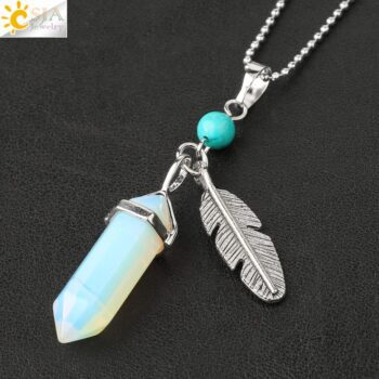 CSJA Natural Stone Pendant Necklaces Healing Pointed Reiki Pink Quartz Hexagonal Crystal Pillar Feather Charm Jewelry Women G576