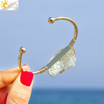 CSJA Natural Stone Bangle Gold-color Wire Wrap Irregular Crystal Quartz Cuff Copper Bracelets for Women Girls Kids Jewelry G327