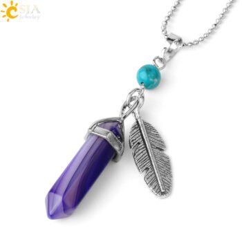 CSJA Natural Stone Pendant Necklaces Healing Pointed Reiki Pink Quartz Hexagonal Crystal Pillar Feather Charm Jewelry Women G576