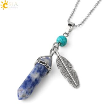 CSJA Natural Stone Pendant Necklaces Healing Pointed Reiki Pink Quartz Hexagonal Crystal Pillar Feather Charm Jewelry Women G576