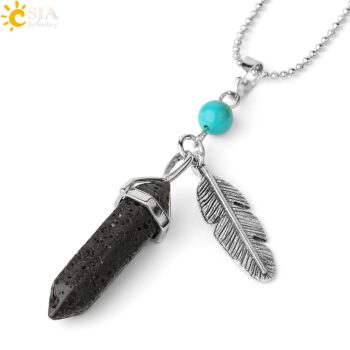 CSJA Natural Stone Pendant Necklaces Healing Pointed Reiki Pink Quartz Hexagonal Crystal Pillar Feather Charm Jewelry Women G576